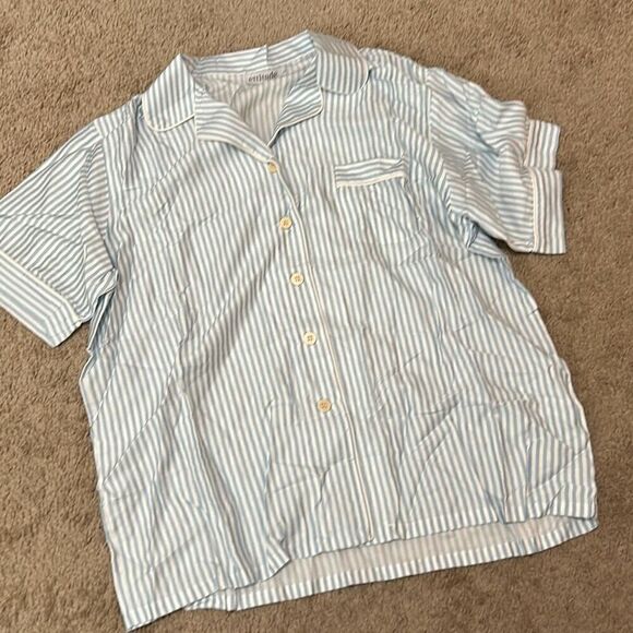 Ettitude Women's L Short Sleeve Pajama Top Light Blue Stripe Organic Bamboo
